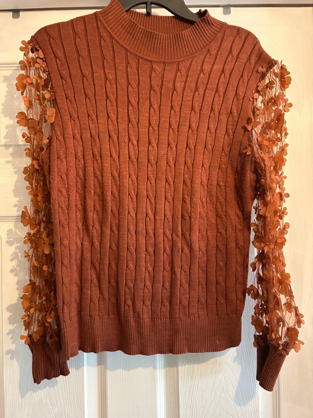 Absolutely Famous Rust Cable Knit Sweater with Floral-Appliqué Sleeves